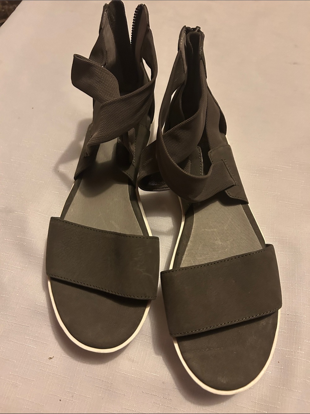 Eileen Fisher Olive Gray Strappy Zip-Back Sandals